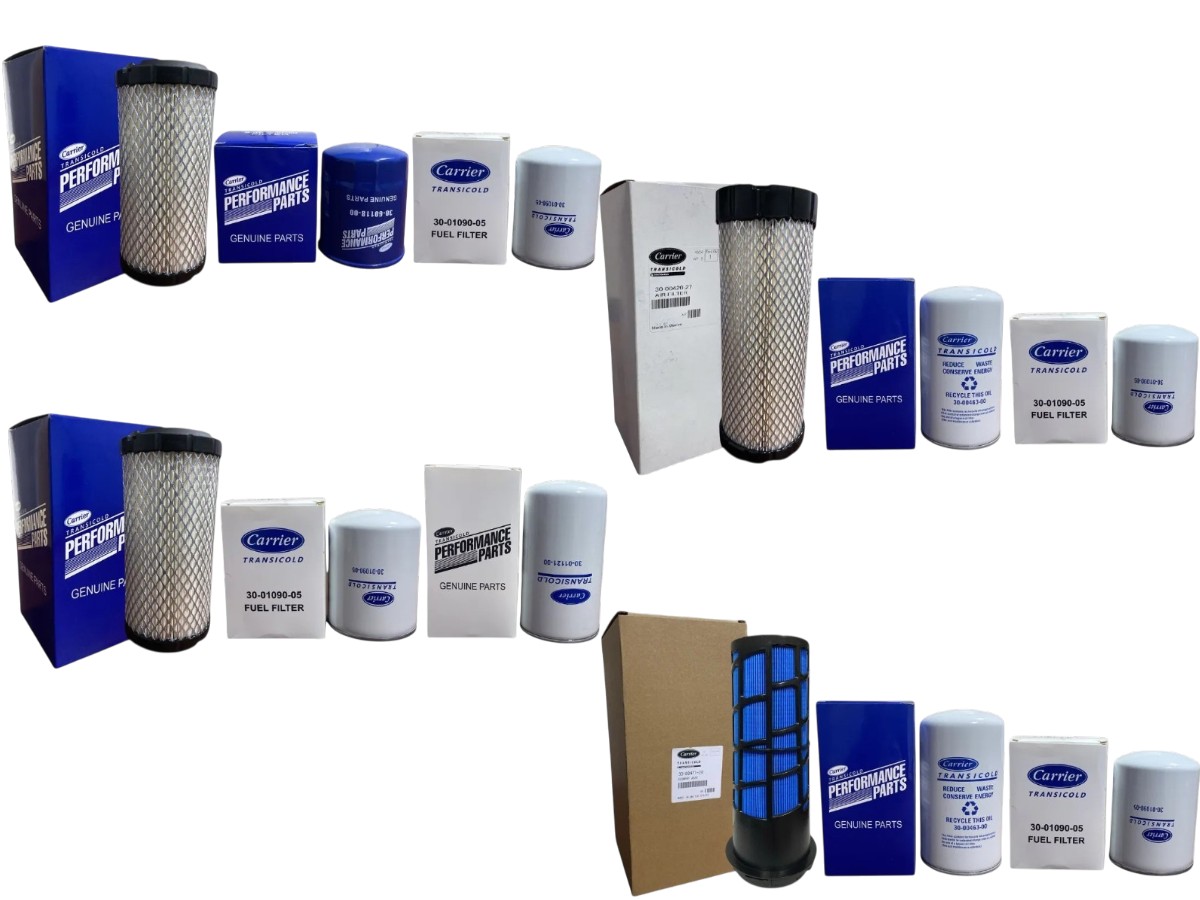 Foto real dos 4 kits de filtros Carrier Transicold em estoque na Agrofilter